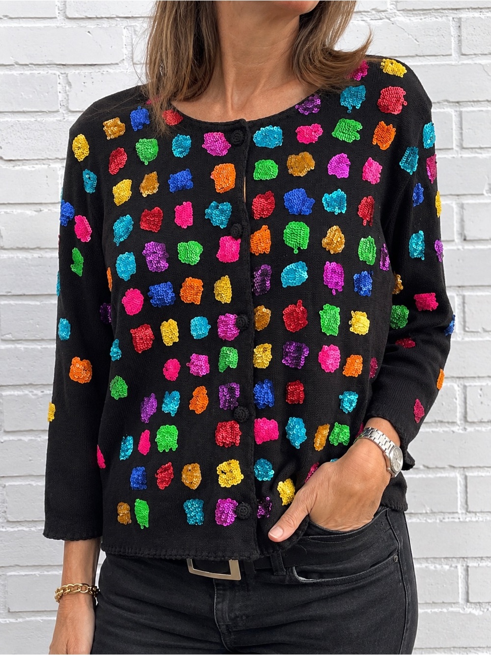 Vintage Michael Simon New York Sequin Polka Dot Black Cardigan Sweater M